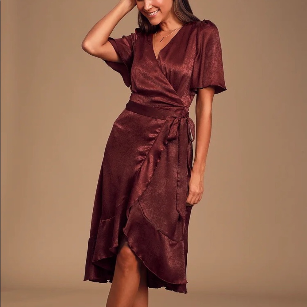 Lulus Burgundy Satin Faux-Wrap Midi Dress